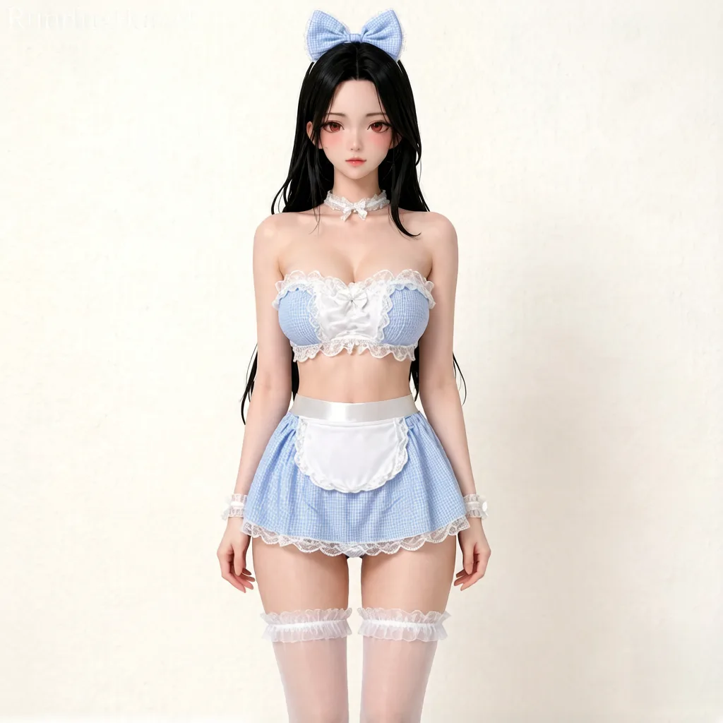 角色扮演服饰 蓝格纹蕾丝女仆